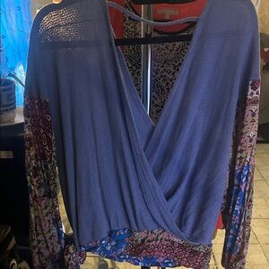 Blue and Multicolor Wrap Blouse